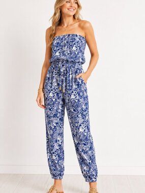 Lilly Pulitzer for Target Strapless Jumpsuit XL Blue White Print Rayon